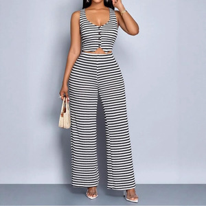 Ensemble d'été tendance pour <span class=keywords><strong>femme</strong></span> BR5606 : Nouveau débardeur sans manches élégant à imprimé <span class=keywords><strong>rayé</strong></span> et <span class=keywords><strong>pantalon</strong></span> ample à jambes larges - Product Image 3