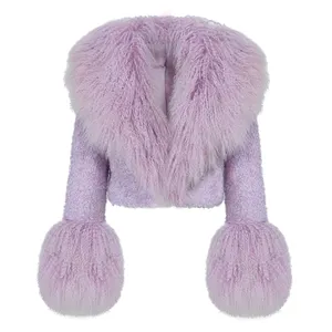 Elegante chaqueta de piel de oveja natural al por mayor estilo corto otoño Gran Lujo cuello de piel de cordero invierno personalizado abrigo de lana gruesa para mujer