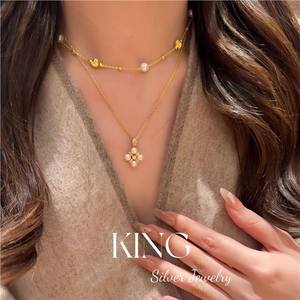 Ensemble de boucles d'oreilles et collier en perles et fleurs King Silver Jewelry pour femmes, bijoux fins pour mariage - Product Image 3