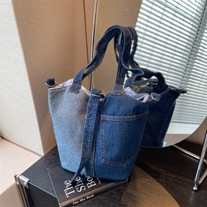 Sac seau rétro style Mori en jean avec doublure polyester, petite boucle de fermeture, pour femme, à porter à la main, à l'épaule ou en bandoulière, pour bouteille d'eau - Product Image 4