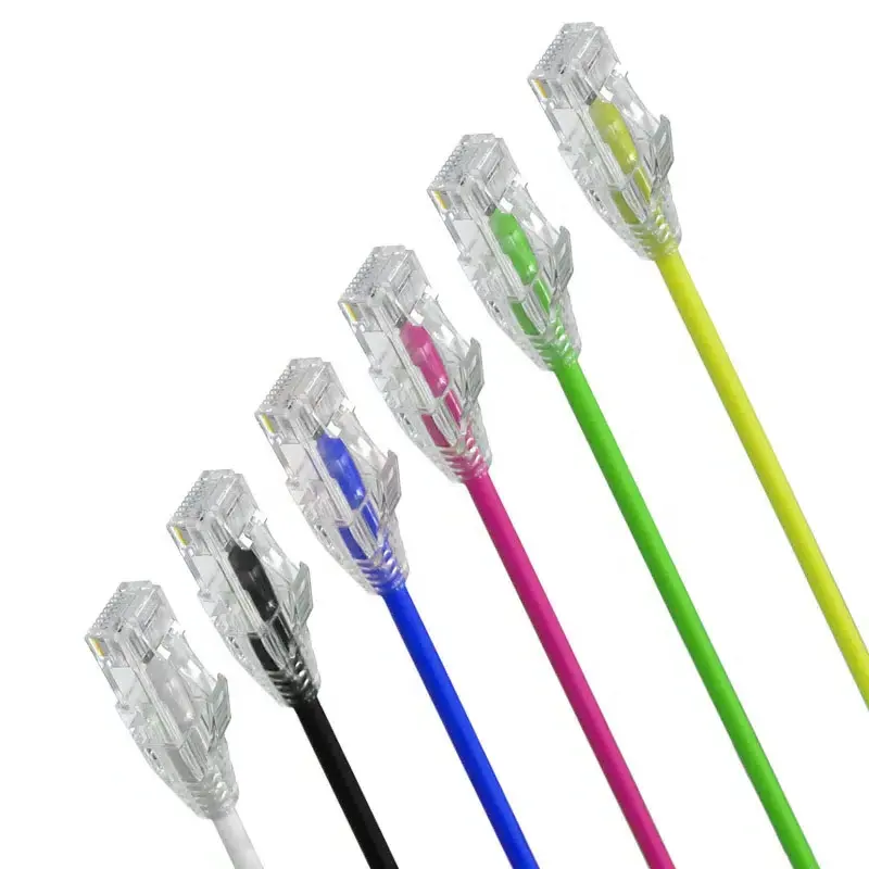 OEM Ultra ince UTP CAT6A yama kablosu s kategori 6A korumasız yama kablosu 28AWG CAT6a UTP PVC şeffaf Boot RJ45 yama kablosu 1m