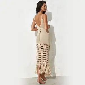 2024 V-NECK Crochet Dress Fringes Details Sexi Lady Cotton Knitted Cover Ups