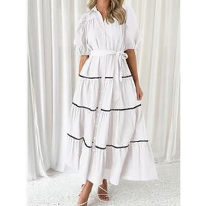 Wholesale Custom OEM High Quality Womens Midi <b>Dress</b> Bubble Sleeve Lace Layered Pleated Short Sleeve Natural Waist Shirt <b>Dress</b> - Product Image 4