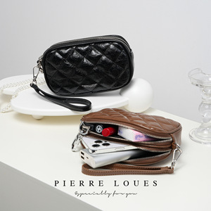 กระเป๋าใส่เหรียญหนังเคลือบแว็กซ์ Pierre Loues ขนาด 7 นิ้ว ซิปคู่ ช่องใส่ของหลายช่อง กระเป๋าใส่โทรศัพท์สำหรับผู้หญิง พร้อมสายคล้องข้อมือ - Product Image 1