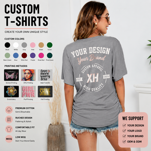 Camiseta de Manga Corta para Mujer, Nueva Colección 2025, Color Sólido, Cuello en V, Manga Murciélago, Fruncido Lateral, Estilo Casual Europeo Americano - Product Image 3