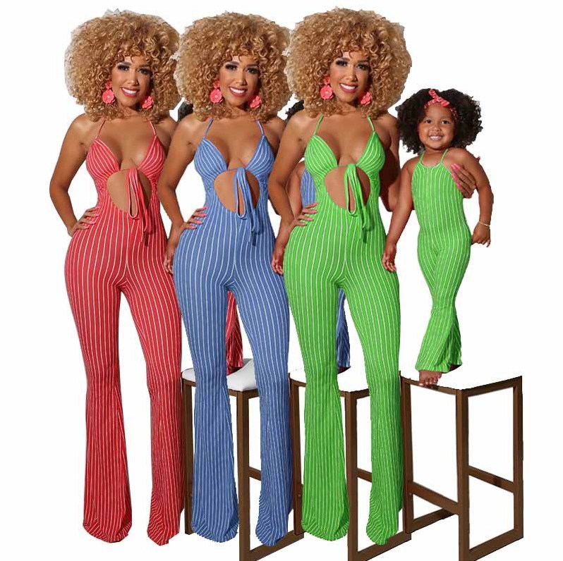 Fashion mommy and me sets stripe one piece jumpsuit for women and girls family sets rompers and jumpsuits for women and girls