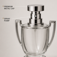 Flacon de parfum vide personnalisé en verre, design coupe-trophée 30 ml avec bouchon nervuré argenté et poignées en forme d'ailes, atomiseur rechargeable en gros