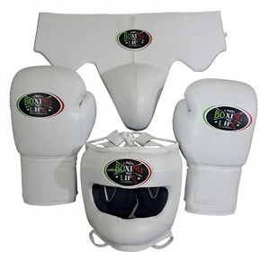 Ensemble de gants et protège-tête de boxe personnalisés « No Boxing No Life » en cuir véritable blanc, à lacets, pour entraînement complet des doigts, pour adultes, avec protège-glandes - Product Image 1
