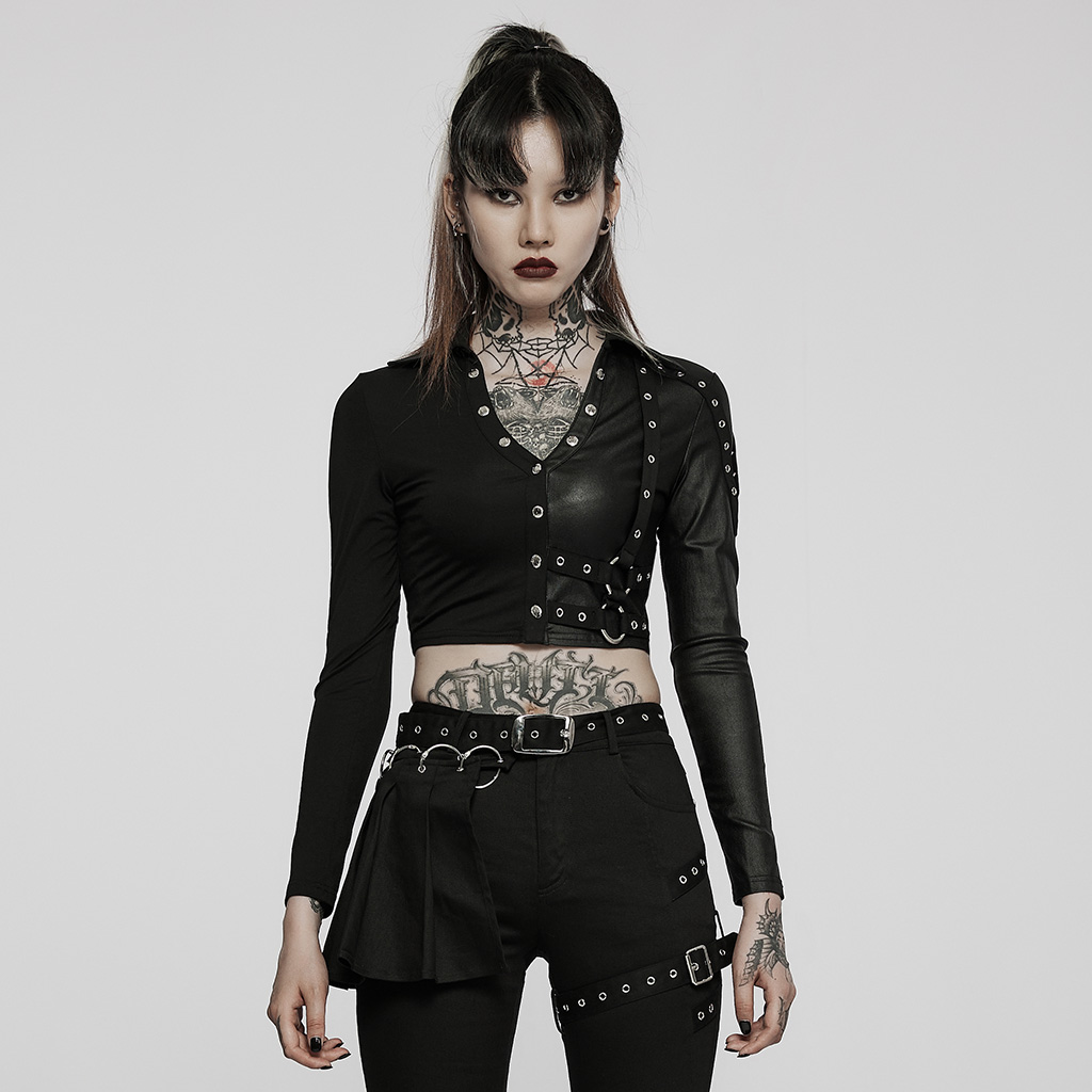 Punk Rave WT-721DQF Elastic Slim Fit Double Color Spliced V Neck Long Sleeve Loops Decorated Woman Pullover T-shirt