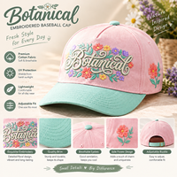 Casquette de baseball 5 panneaux pour femme, motif floral 3D brodé, design botanique avec lettres, blocs de couleurs pastel, pour le jardin, le quotidien et les activités de plein air