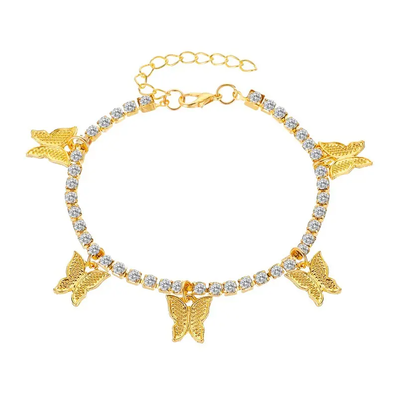 2022 Summer Bling Rhinestone Crystal Tennis Chain Butterfly Ankle Bracelets With Charms