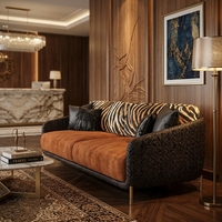 Canapé moderne à motifs tigre exotiques avec coussins de siège orange pour hall d'hôtel de luxe et salon de prestige