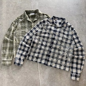 Camisa de Cuadros a Cuadros de Alta Calidad, Personalizada con Pedrería, Manga Larga, Holgada, Informal, con Botones, Unisex, Estilo Vintage Lavado - Product Image 2
