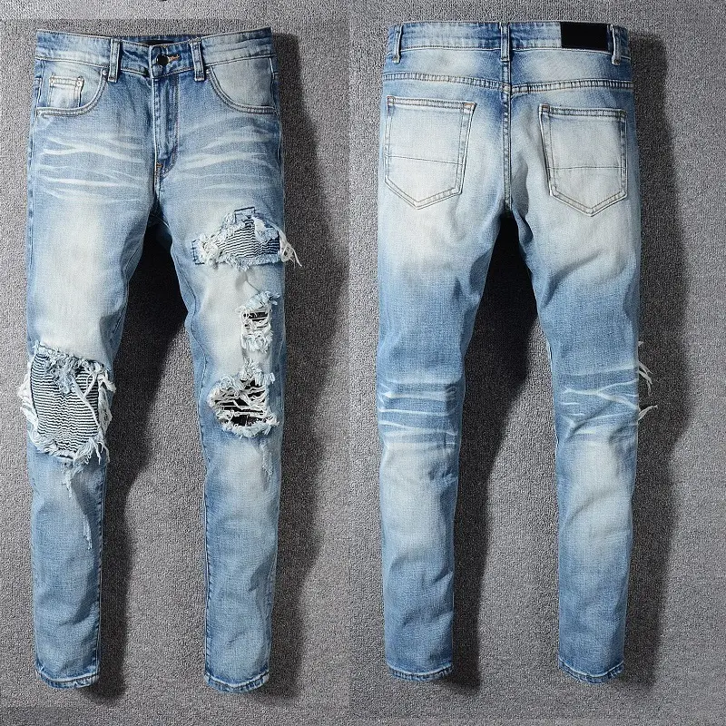 New Italy Style #570# Men's Distressed Holes Ripped Pants Broken Patches Washed Blue Skinny Jeans Slim Trousers Size 28-40