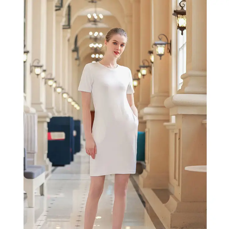 Wholesale Fashion White Summer Dress 100% Cotton Long Sleeves Ruched Side Fitted Mini Ladies Shirt Dress