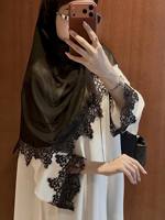 Abaya Ouverte Blanche Élégante Hafizah pour Femme, Robe Longue Maxi Cardigan avec Appliques de Dentelle Noire, Kimono Kaftan Modeste Musulman de Dubaï
