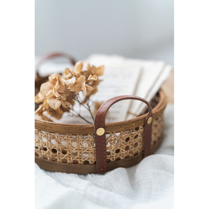 handmade wooden bamboo wicker bottle accessories perfume storage basket fruit rattan basket with serving handle rattan tray