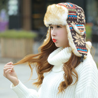 QJ OEM Bonnet Ushanka personnalisé avec logo, mignon, en fausse fourrure, chaud, avec cache-oreilles, pour femmes et enfants, bonnet tricoté flocon de neige pour l'hiver et le ski