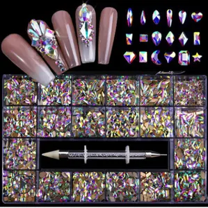 Strass paillettes pour Nail Art, boîte à pointes 3D, mélange de bijoux, strass, diamant, cristal, or, 1000 — 3000 pièces