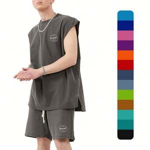 Wholesale Custom Logo High Quality Summer Sport Gym Jogger Street Wear Oversize Crewneck Gray Drawstring Tank <b>Top</b> Shorts Set Man - Product Image 1