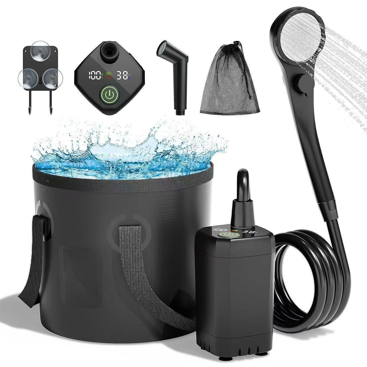 Pompe De Douche Portable Camping – Rechargeable, écran Numérique, 2 Vitesses, Tuyau 200 Cm – Pour Douche, Lavage Voiture, Animaux