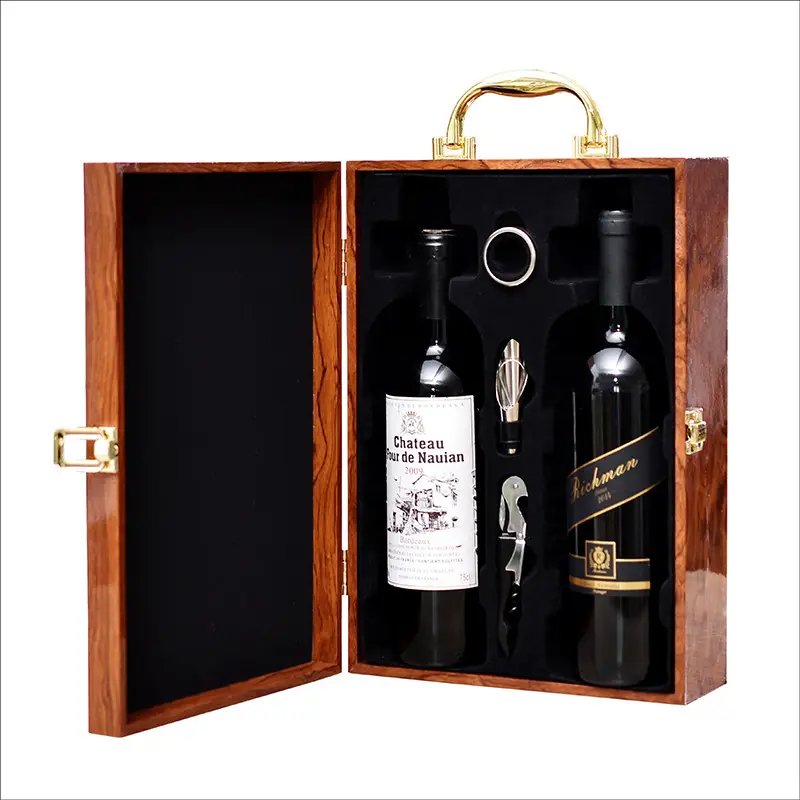 Offre Spéciale Boîte d'emballage de stockage de 2 bouteilles de vin en bois de luxe de haute qualité