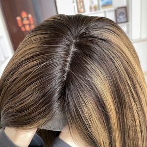 Stock <b>Brown</b> Highlight Human Hair Silicone Perimeter Medical <b>Wigs</b> with Anti-slip Strip Silk Top Hand Tied <b>Wig</b> for Alopecia - Product Image 5