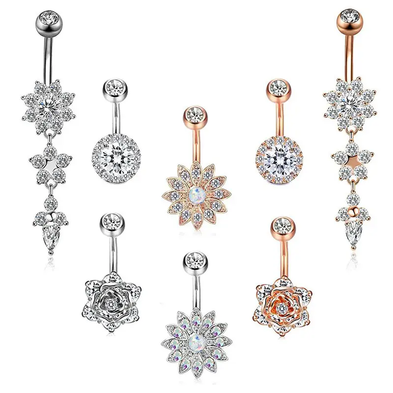 8Pcs/Set Hot Sale 14G Dangle Belly Button Rings for Women Girls 316L Stainless Steel Navel Ring Sexy Body Jewelry Piercing