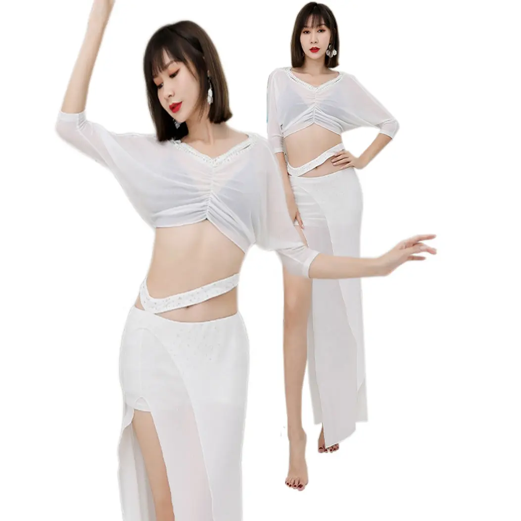 Disfraces de gasa brillante translúcida suave, diseño de entrenamiento de danza del vientre para verano