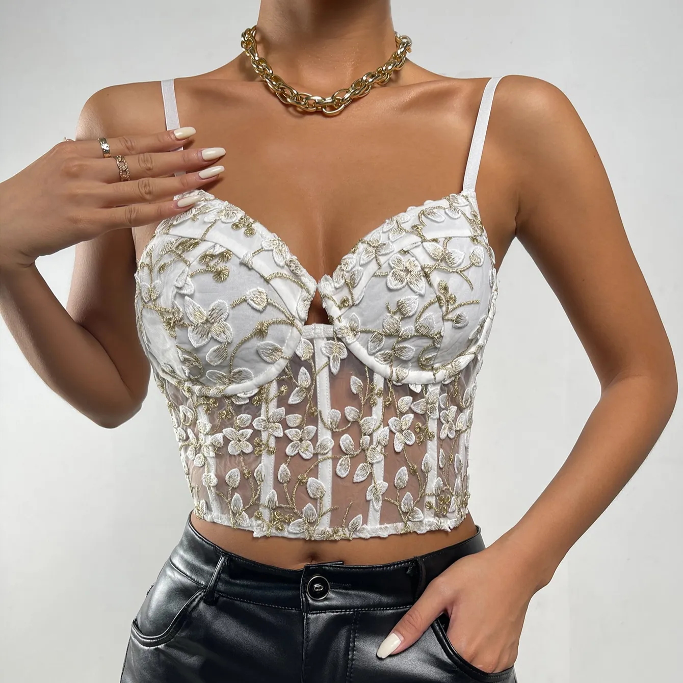 Women Sexy Mesh Hollow Out Lace Camisole Broken Floral Embroidery Crop Top