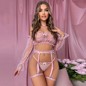 New Style <b>Perspective</b> Mesh See-Through Transparent Lingerie Set Sexy Long Sleeve Heart Pattern Underwear Set - Product Image 3