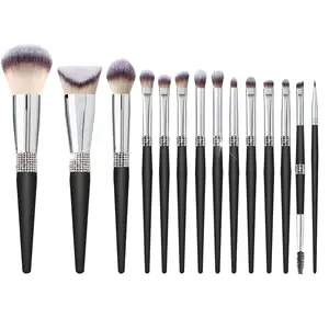 Novo Design 14 Pcs High-End Matte Black Wood Silver Tube Ferramentas de maquiagem Synthetic Hair Foundation Makeup Brush Set com saco