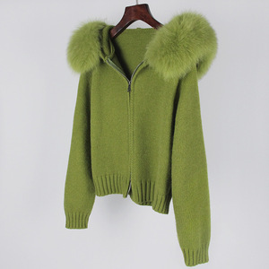 <span class=keywords><strong>Cardigan</strong></span> di lusso in lana di colore <span class=keywords><strong>verde</strong></span> lavorato a maglia con Zip alla moda cappotto con collo di pelliccia di vera volpe giacca calda da <span class=keywords><strong>donna</strong></span> - Product Image 4
