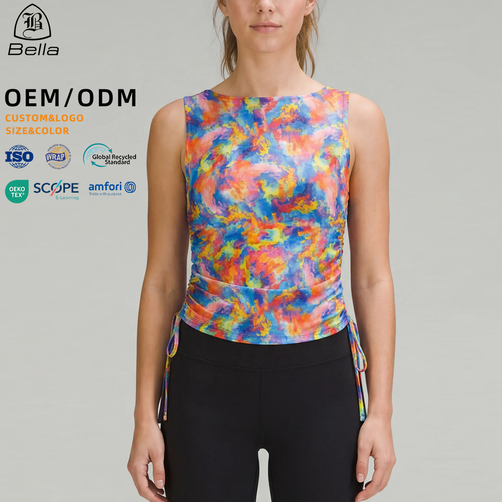 Customizable Athletic Wear Colorful Tie-Dye Printed Sleeveless Gym Yoga Tops Adjustable Side Ruched Fitness Tank Top