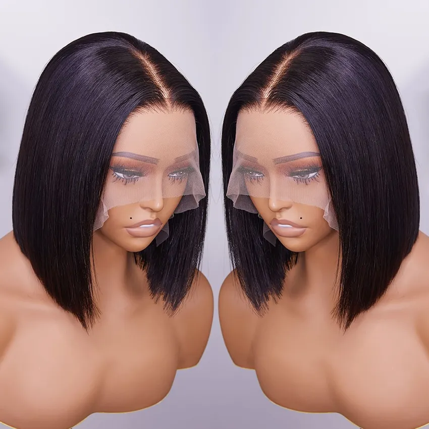 Venta al por mayor de pelo brasileño de hueso recto corto Bob pelucas de cabello humano pelucas delanteras de encaje para mujeres negras Hd Peluca de encaje Frontal de cabello humano