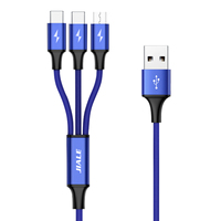 Câble de données USB 3-en-1 en nylon tressé, charge rapide 3A, gaine en nylon écologique, cuivre étamé, USB-A, Type-C, charge ultra-rapide