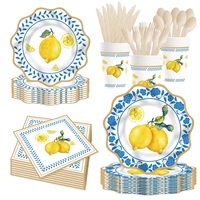 DAMAI Ensemble de vaisselle de fête d'anniversaire thème citron jaune, décoration estivale, assiettes et serviettes en papier découpées, 100 pièces, haute qualité, très demandé