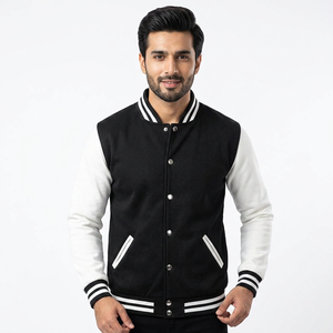 Veste universitaire personnalisée en toile noire avec manches blanches, unisexe, style Letterman, avec poignets et ourlet côtelés, boutons-pression, style baseball - Product Image 1