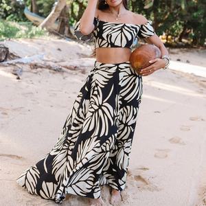 Factory Hot Selling Hawaiian Print Fashion Short <b>Suspender</b> Long Dress Suit Texture 100% Rayon Soft Fabric Two Piece Dress - Product Image 2