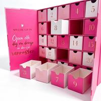 Boîte de calendrier de l'avent de Noël personnalisée avec 25 mini-tiroirs roses, calendrier de compte à rebours de 25 jours, boîte cadeau rigide pour cadeaux de beauté