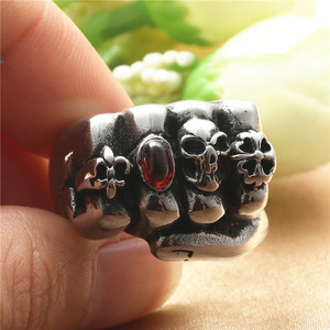 <b>Skull</b> <b>Ring</b> Men's Retro Silver Stainless Steel Punk Style With Red Stone Bezel Setting Gift Jewelry - Product Image 4
