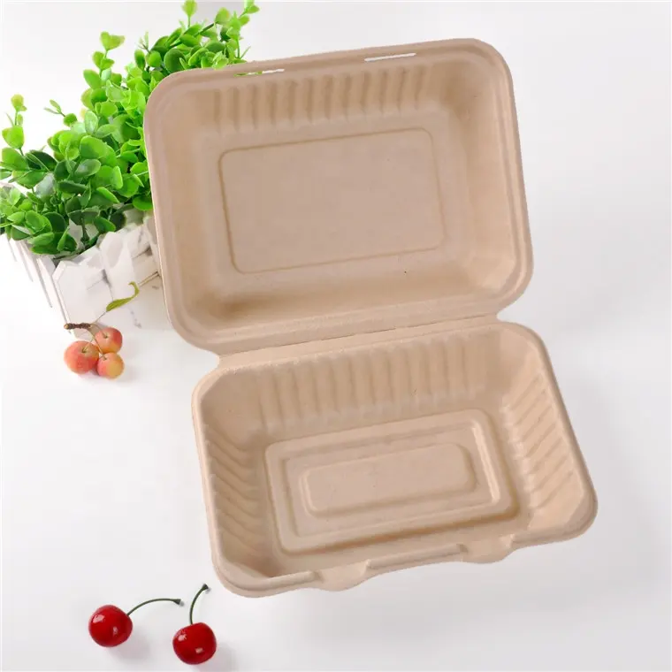 Wegwerp Biologisch Afbreekbaar Bagasse Fast Food Container 9X6 Inch 950Ml Rechthoekige Clamshell Papier Lunchbox