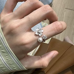 Versatile S925 Pure Silver Floral Pearl <b>Ring</b> New Chinese Style Niche <b>Opening</b> <b>Ring</b> with Brushed Finish - Product Image 4