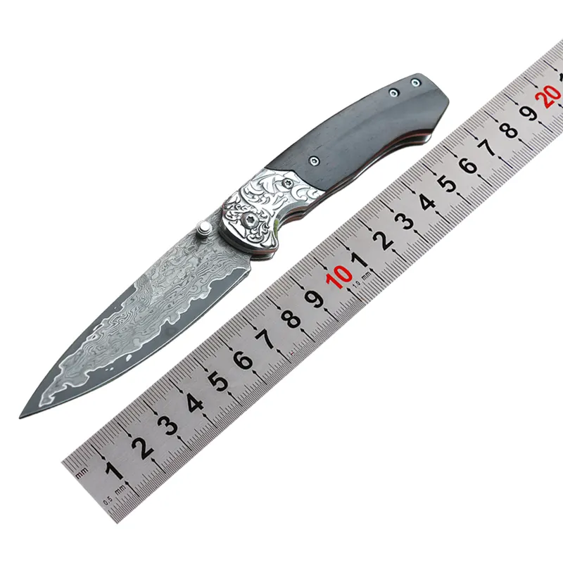 High Quality Damascus Outdoor Multitool Folding Knife Hunting Survival Pocket Knife with Wooden Handle for Collection