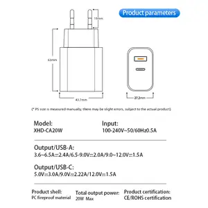 Factory Hot Sale Qc 3.0 Pd Fast Charger 20w Pd+qc Usb-c Power Adapter Quick Charge 3.0 Type C Usb Wall Charger