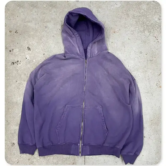Custom alta qualidade Streetwear Hoodie velo em branco zip up vintage dupla camada ácido lavagem sol desvanecido angustiado bolsos hoodies