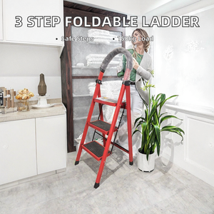 Échelle pliante en acier 3 marches 150 kg EN 131 avec main courante rouge antidérapante, résistante à la torsion, haute résistance pour extérieur, salle de sport, supermarché, entrepô<span class=keywords><strong>t</strong></span> - Product Image 2