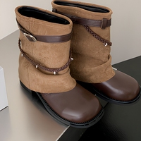 Bottes mi-mollet souples pour femmes, bout rond, semelle plate, boucle, sangle tressée, bottes de style western, 2 couleurs