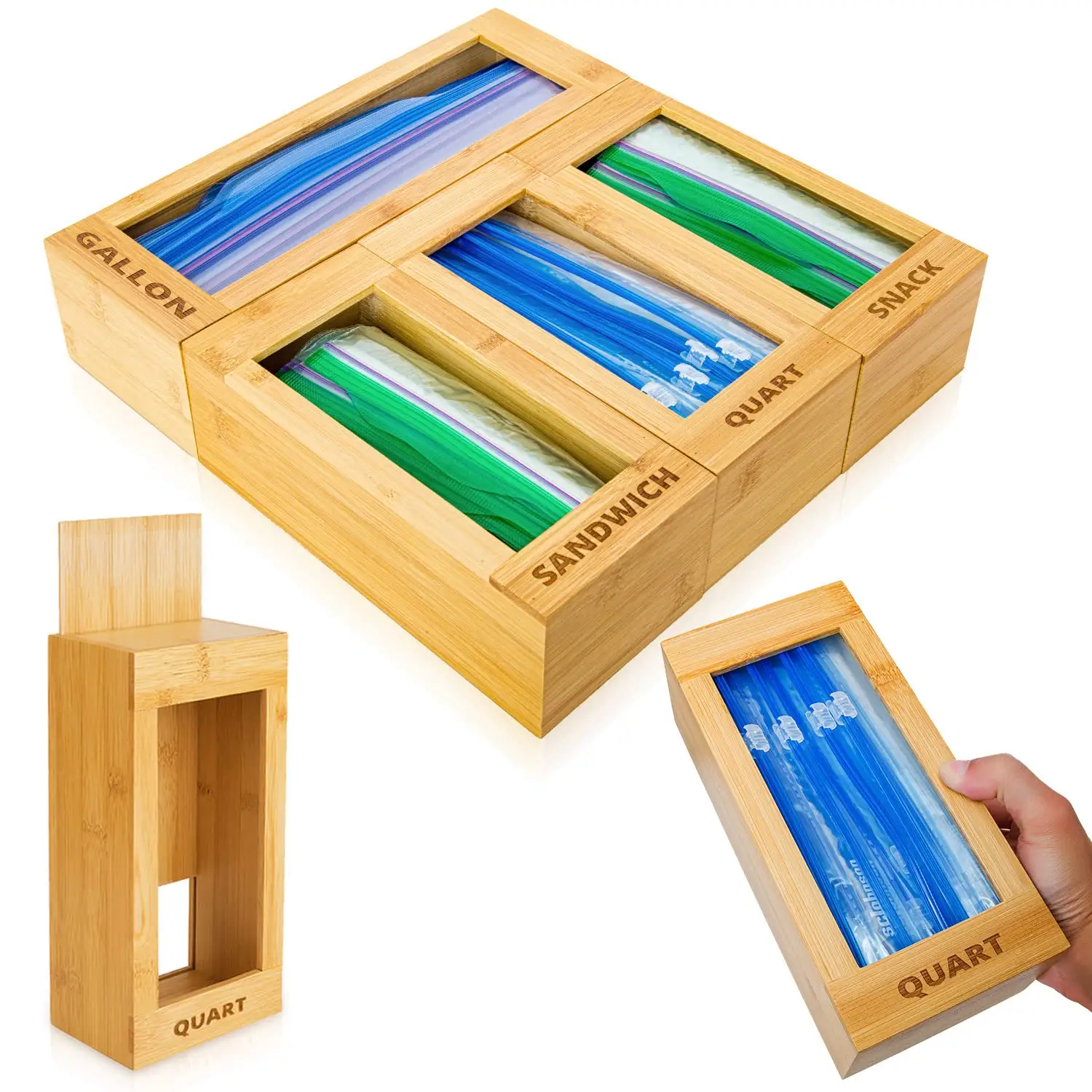 Ziplock organizador de armazenamento de saco, organizador e dispensador de ziplock para armazenamento de alimentos de bambu