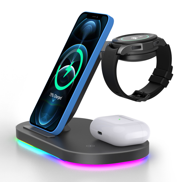 Portable 3 in 1 Wireless Charger RGB Led Light Fast Charging Station for Samsung Galaxy S22/S21/S20/Note 20/10, Galaxy Watch 4/3